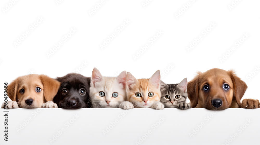 Cute Array of Puppies and Kittens Lined Up Over White Edge for Pet Enthusiasts
