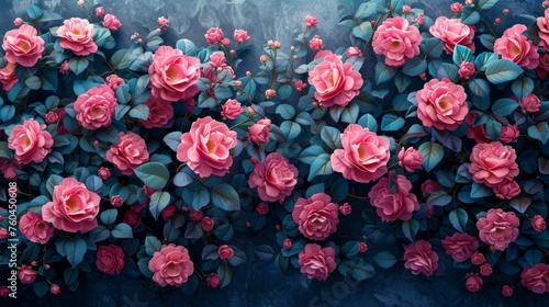 a painting of pink flowers and green leaves on a dark blue background with a blue sky in the back ground.