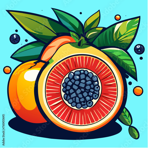 A halved grapefruit with a blueberry core and a whole grapefruit, both with green leaves, on a blue background.