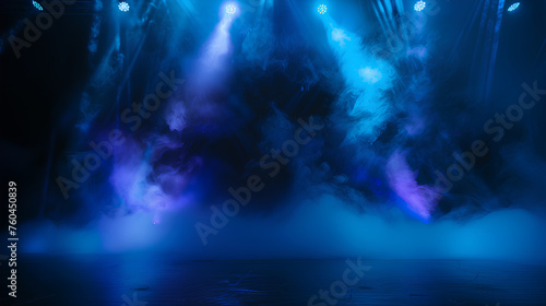 Purple light has abstract smoke rays in the black room and blurred blue background has smoke like burning in the club. The colorful and creative lighting rolls into incredible curve-like environments  #760450839