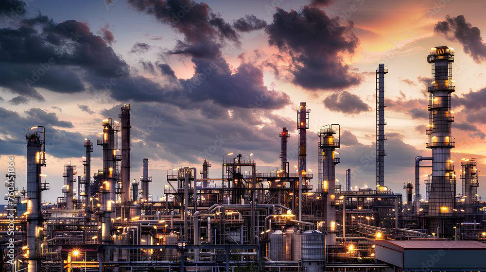 Fototapeta premium Industrial plants with chemicals as fuels and gases, polluted gasoline production as refineries, and steam fumes as ecology. electric power and petrochemical industry with industrial smoke pipes