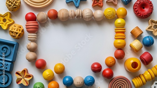 The top view, flat lay, and text space is available for your text. A set of colorful educational wooden and fluffy toys on white background.