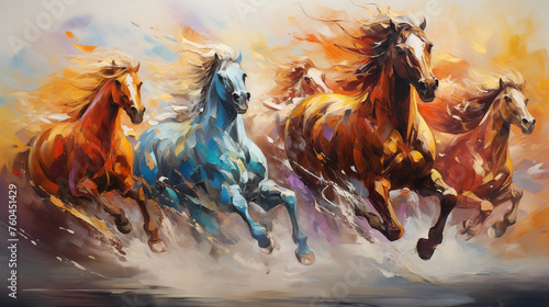 artistic abstract oil painting of powerful horses.