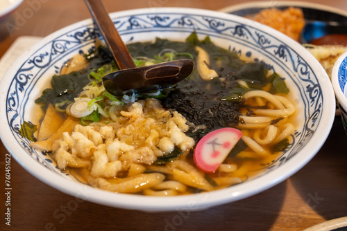 Closeup photo of Udon (Japanease noodle), taken at a restaurant