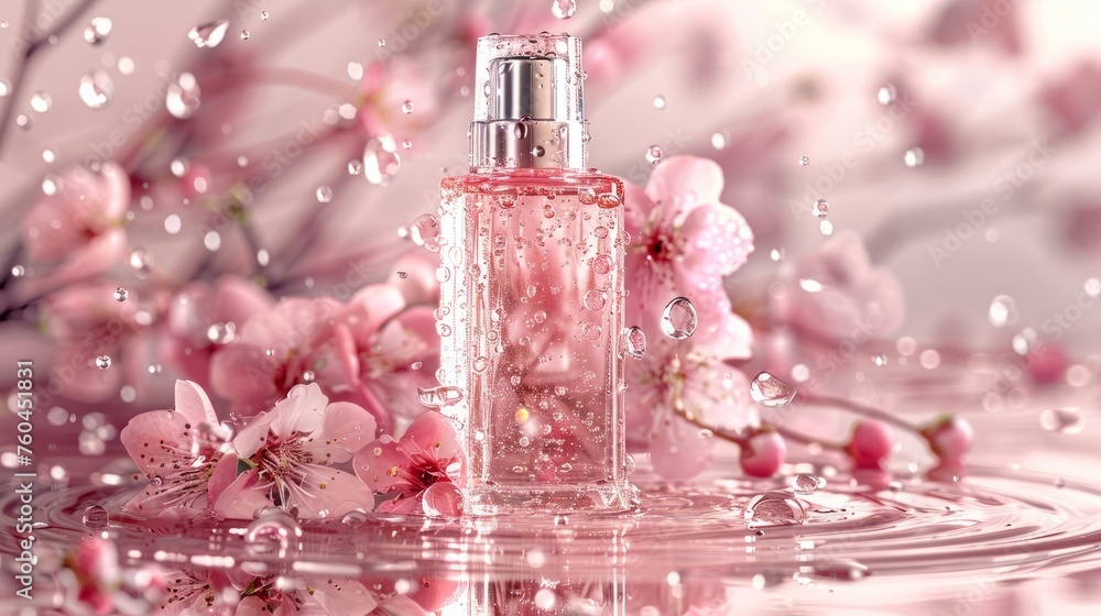 A scene of water drops, perfume or serum bottles, water splashes, and simple tones of muted beige and rose add to the atmosphere of luxury. Draws attention to the elegance of the product. A scene of water drops, perfume or serum bottles, water splashes, and simple tones of muted beige and rose add to the atmosphere of luxury. Draws attention to the elegance of the product.