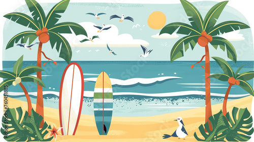 A cheerful clipart beach scene with palm trees, surfboards, and seagulls, evoking a sunny vacation.