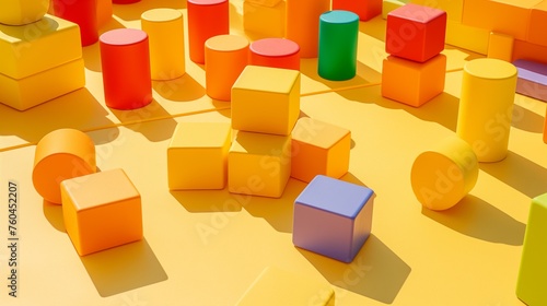 Vibrant baby blocks arranged in a playful formation on a sunny yellow mat, evoking a sense of joy.