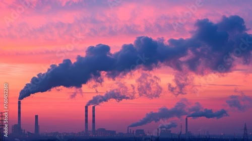 industrial chimneys with heavy smoke causing air pollution as ecological problem on pink sunset sky background