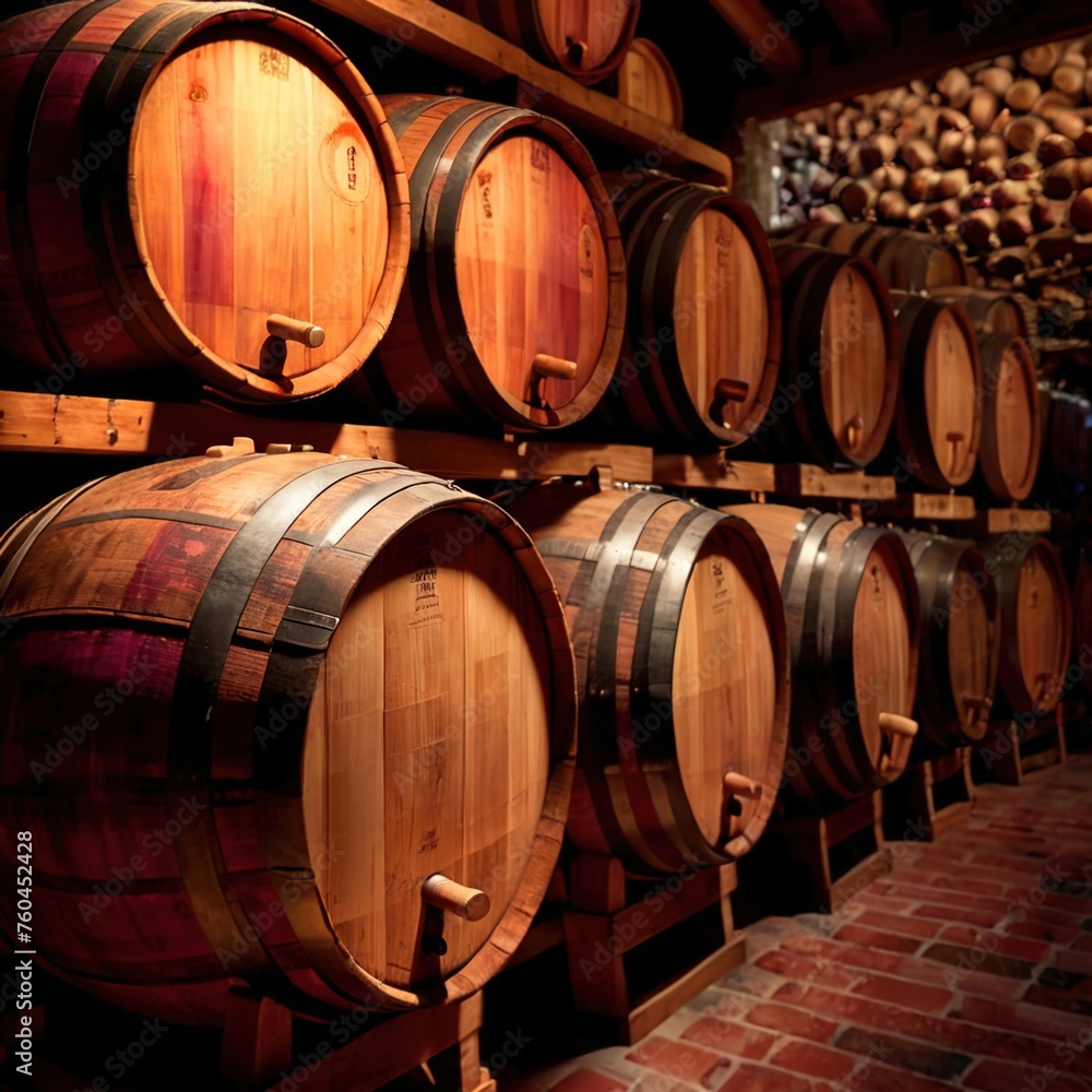 Wine barrels stored in winery warehouse as part of brewing process