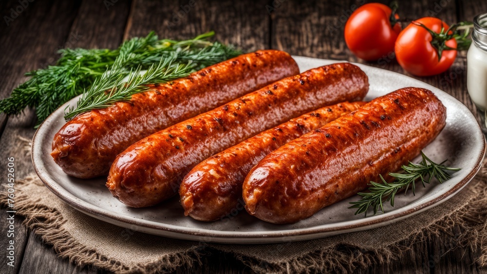 Grilled sausages in close-up with tomatoes and margarine
