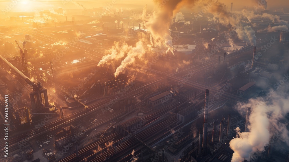 industry metallurgical plant dawn smoke smog emissions bad ecology aerial photography