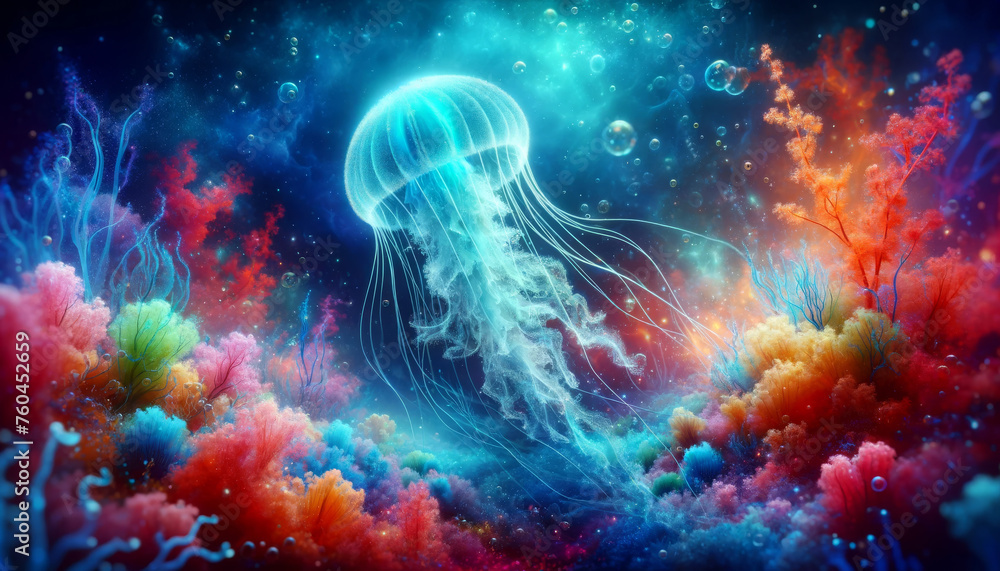 A vibrant jellyfish, translucent and glowing, gracefully floating in an ethereal underwater garden. A vibrant jellyfish, translucent and glowing, gracefully floating in an ethereal underwater garden.