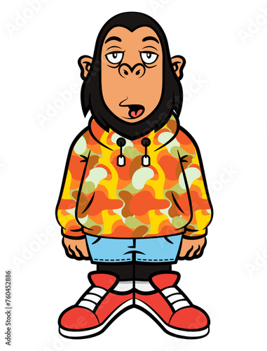 Cool Monkey cartoon characters wearing hoodie jacket with camouflage pattern, jeans shorts, and sneakers. Best for mascot, logo, and sticker for streetwear shop