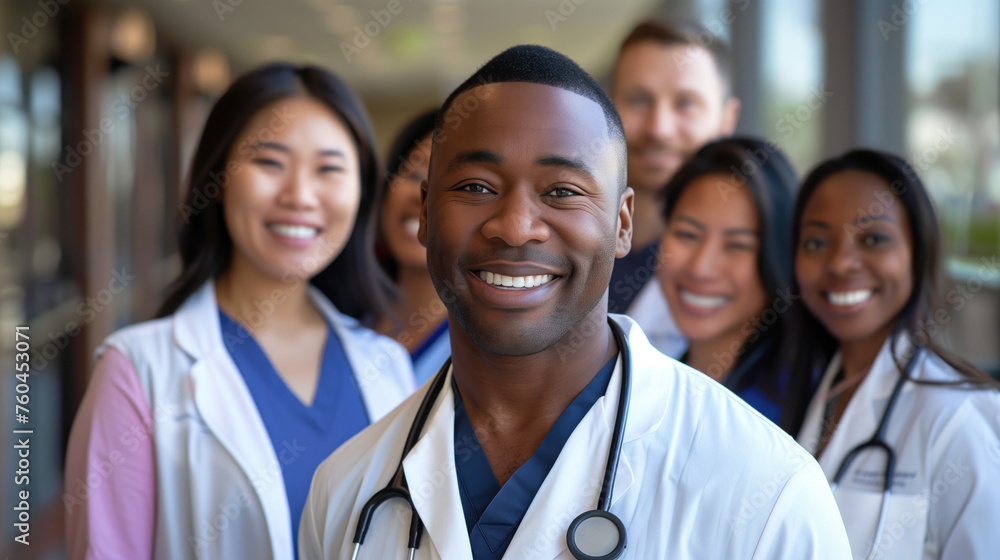 A diverse group of healthcare professionals stand together representing unity in the medical community. A diverse group of healthcare professionals stand together representing unity in the medical community.