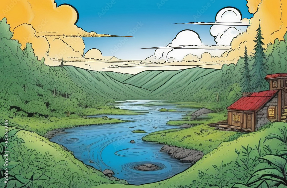 Artistic depiction of a river flowing past a house in a natural landscape