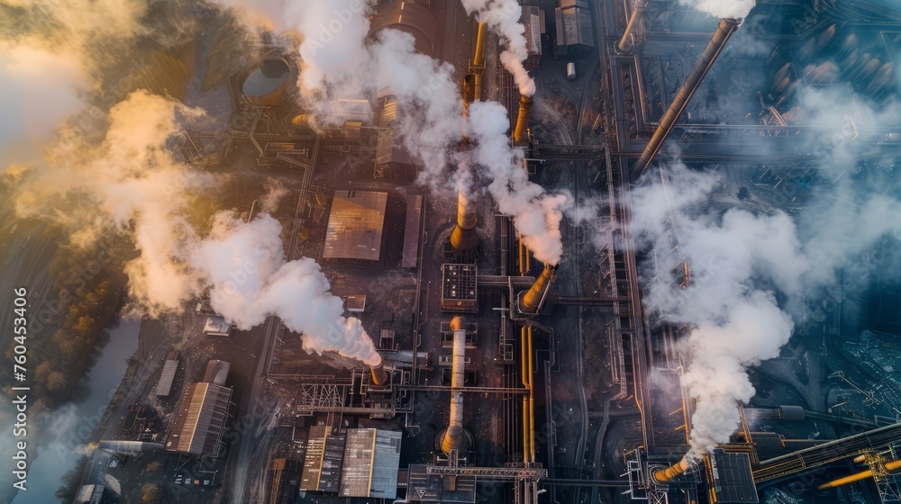 Steel ecology metallurgical iron plant smokes from pollution of industry pipes. View from the drone.