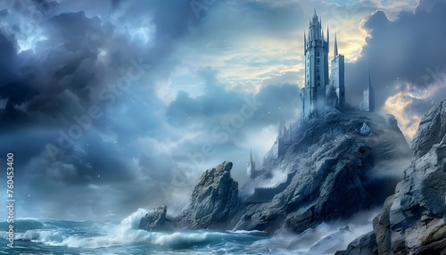 Fantasy tower castle on a rocky sea stack