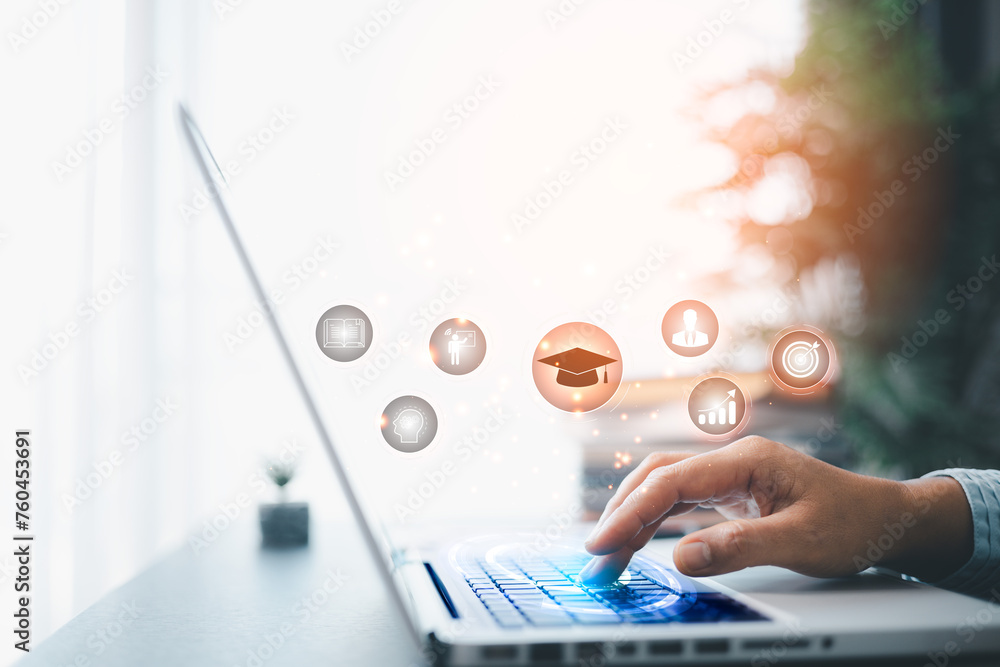 © JD8 - E-learning education concept, learning online with webinar, video tutorial, internet lessons, internet lessons and online webinar. Online lessons on a digital screen. Education internet Technology.