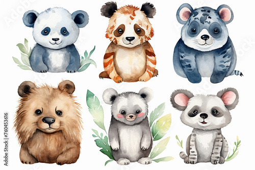 Watercolor animals character collection. Panda, sloth, giraffe, koala, elephant  photo