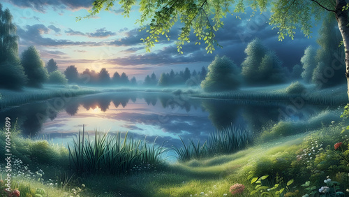 Tranquil Summer Evening  Quiet Lake  Soft Grass  Leafy Trees  Twilight Reflections