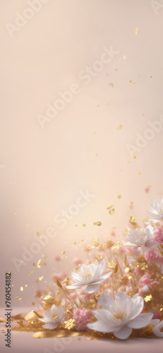 Beautiful fantasy flowers. Light golden Easter scene. 3D render. Aura spiritual aesthetic background with copy space (ID: 760454882)