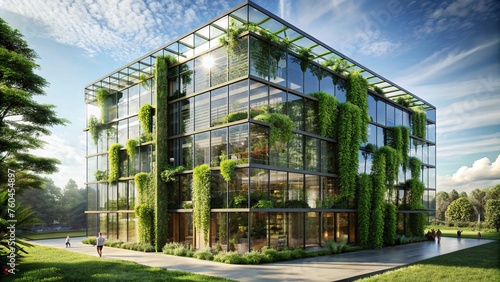 Sustainable green building. Eco-friendly apartment building with plants hanging off balconies.