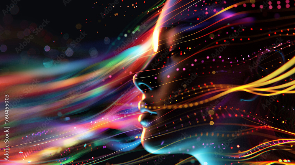 An abstract depiction of facial recognition technology, with colorful ...