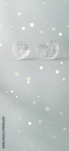 White glass hearts on light gray surface with bokeh. Valentine's Day. Love, romance, friendship, Mother's Day concept. Wallpaper, backdrop, copy space . (ID: 760455055)
