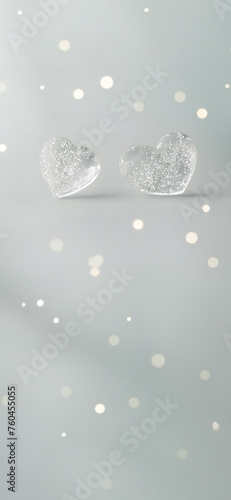 White glass hearts on light gray surface with bokeh. Valentine's Day. Love, romance, friendship, Mother's Day concept. Wallpaper, backdrop, copy space .