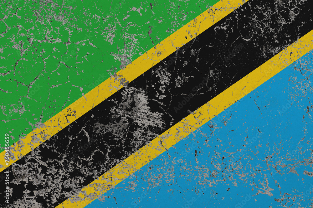 Destructible, crumbling stone wall. Conceptual background in colors flag of Tanzania