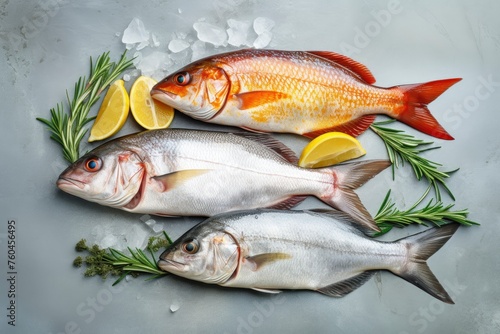 top view of vary kind of fish with copy space for text. food background for stock photography - generative ai