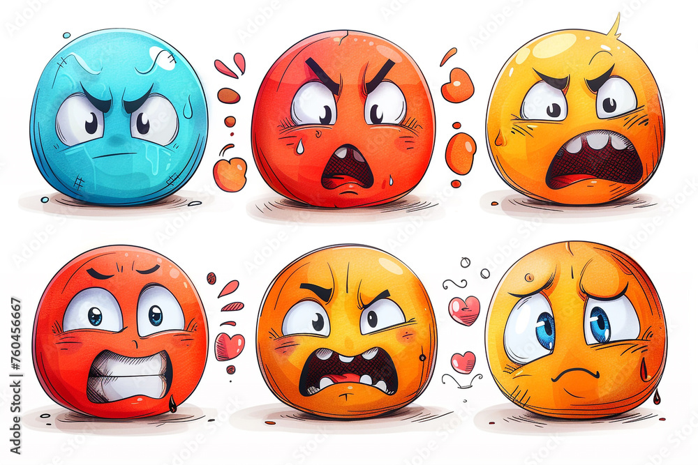 Obraz premium Illustration of colorful cartoon emoticons showcasing a range of emotions: anger, crying, laughter, love, and sadness, against a white background.