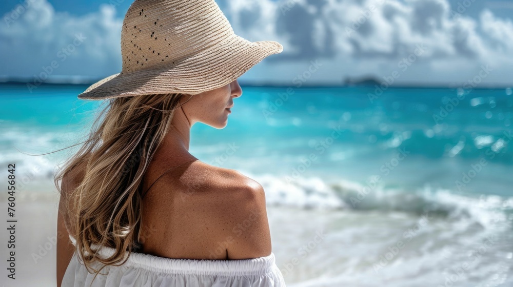 Woman's moment of relaxation on tropical beach of summer on blue sea background, refreshing cocktail, perfect for travel, leisure and lifestyle, tropical beach, luxury, vacation and holiday experience