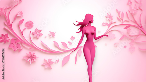 illustration with cherry tree flowers and butterflies silhouette on pink background 