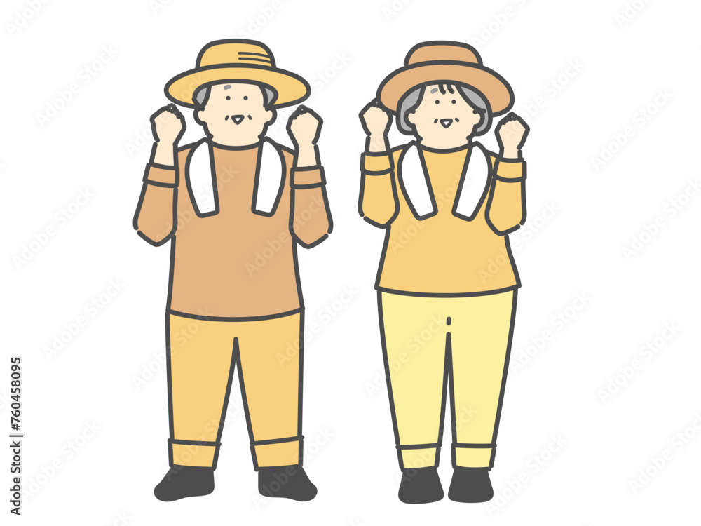 農家で働く笑顔な高齢夫婦　ガッツポーズ
