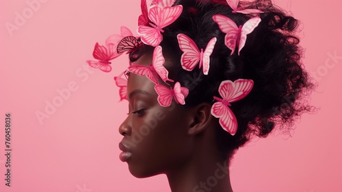 A captivating moment frozen in time, an African American girl with pink butterflies in her hair against a seamless studio pink background, symbolizing the intrinsic connection between natural beauty a