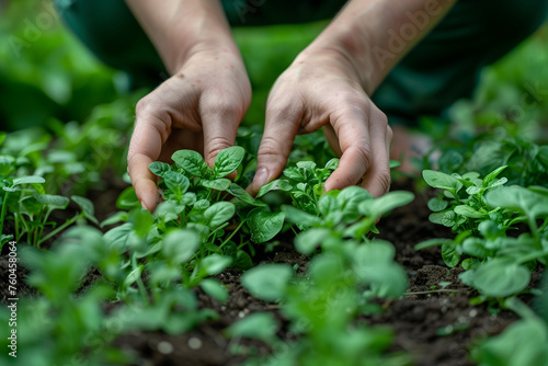 Hands Carefully Cultivating Basil Plants