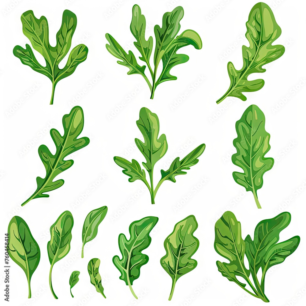 Vibrant green leaves icons collection isolated on white background.
