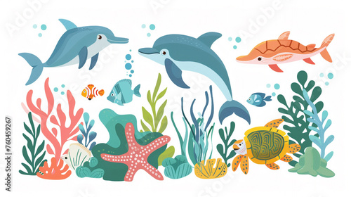 A collection of clipart ocean creatures including dolphins, sea turtles, and colorful fish, swimming in a coral reef.