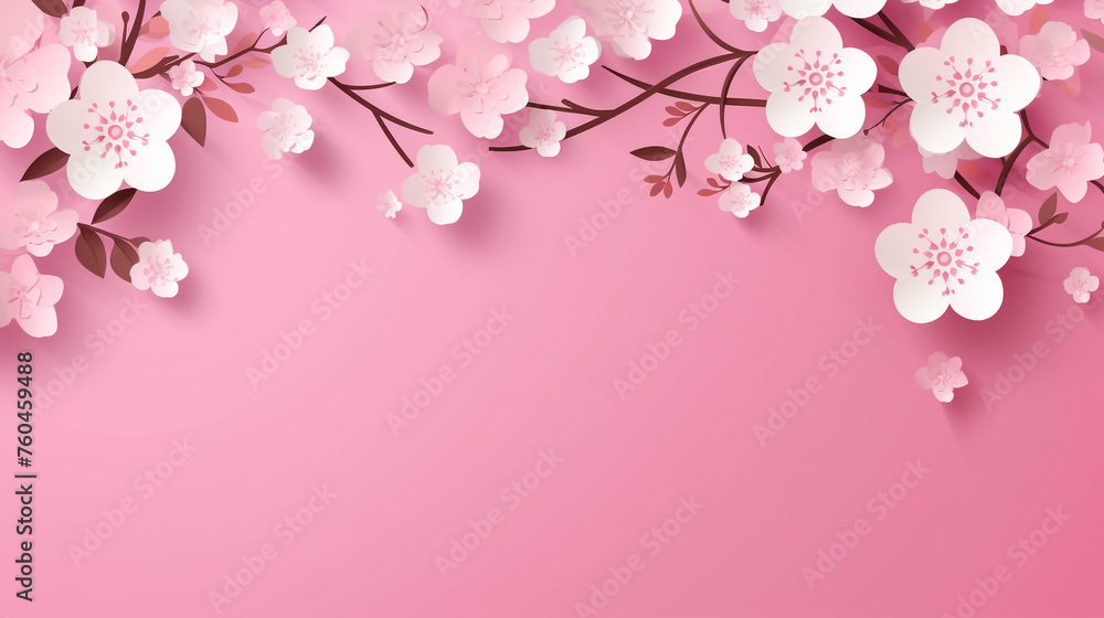 illustration with cherry tree flowers and butterflies silhouette on pink background
