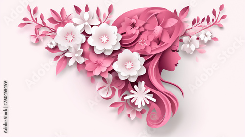 illustration with cherry tree flowers and butterflies silhouette on pink background 