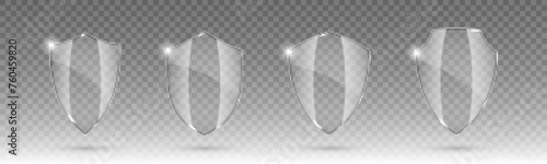 Set of glass shields. Protected guard shield concept. Safety badge icon. Privacy banner shield. Security safeguard label. Realistic vector illustration