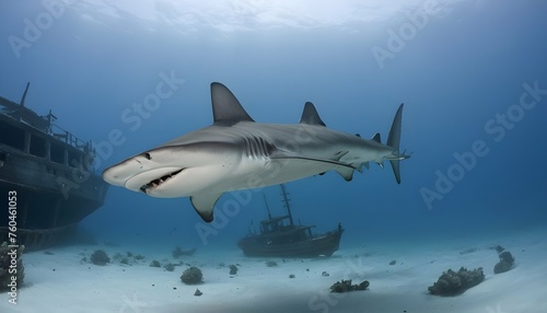 A Hammerhead Shark Swimming Past A Shipwreck
