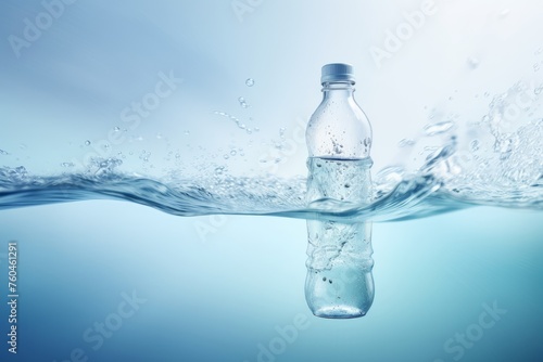 A bottle of water in a clear liquid with splashes on a blue background. Copy space, mock up