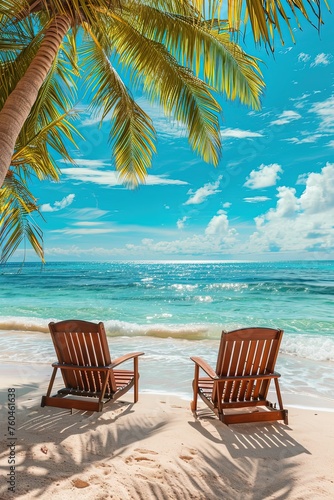 Chairs on a tropical beach with palm trees on a coral island. Relaxing under a palm tree on remote beach. Mockup. Tranquil beach getaway.