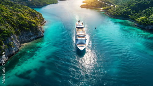 Aerial view of cruise liners beautiful white cruise in ocean sea, tourism travel on holiday, a vacation time on summer, Top view from drone photo