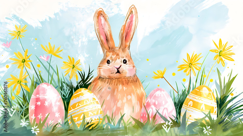 Watercolor illustration of cute Easter bunny sits in the grass with colorful painted eggs.