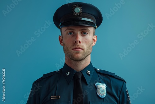 Uniformed military police officer standing at attention against a blue background