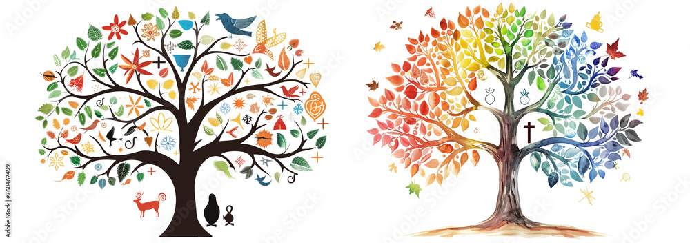 Illustration of a tree with leaves representing different religions, symbolizing growth and diversity isolated on a transparent background