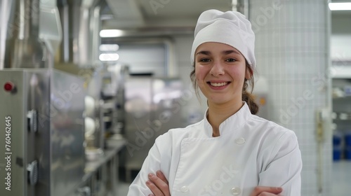 Professional chef monitoring milk pasteurization process in a factory